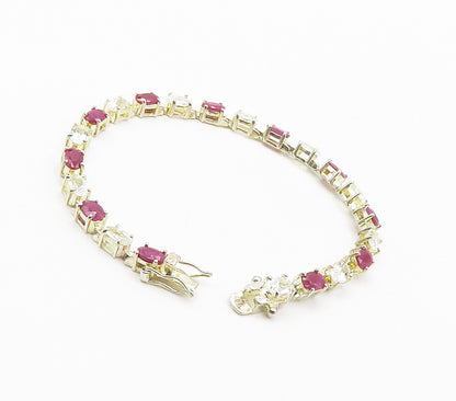 925 Sterling Silver  Shiny Prong Set Ruby & Topaz Chain Bracelet  BT5949