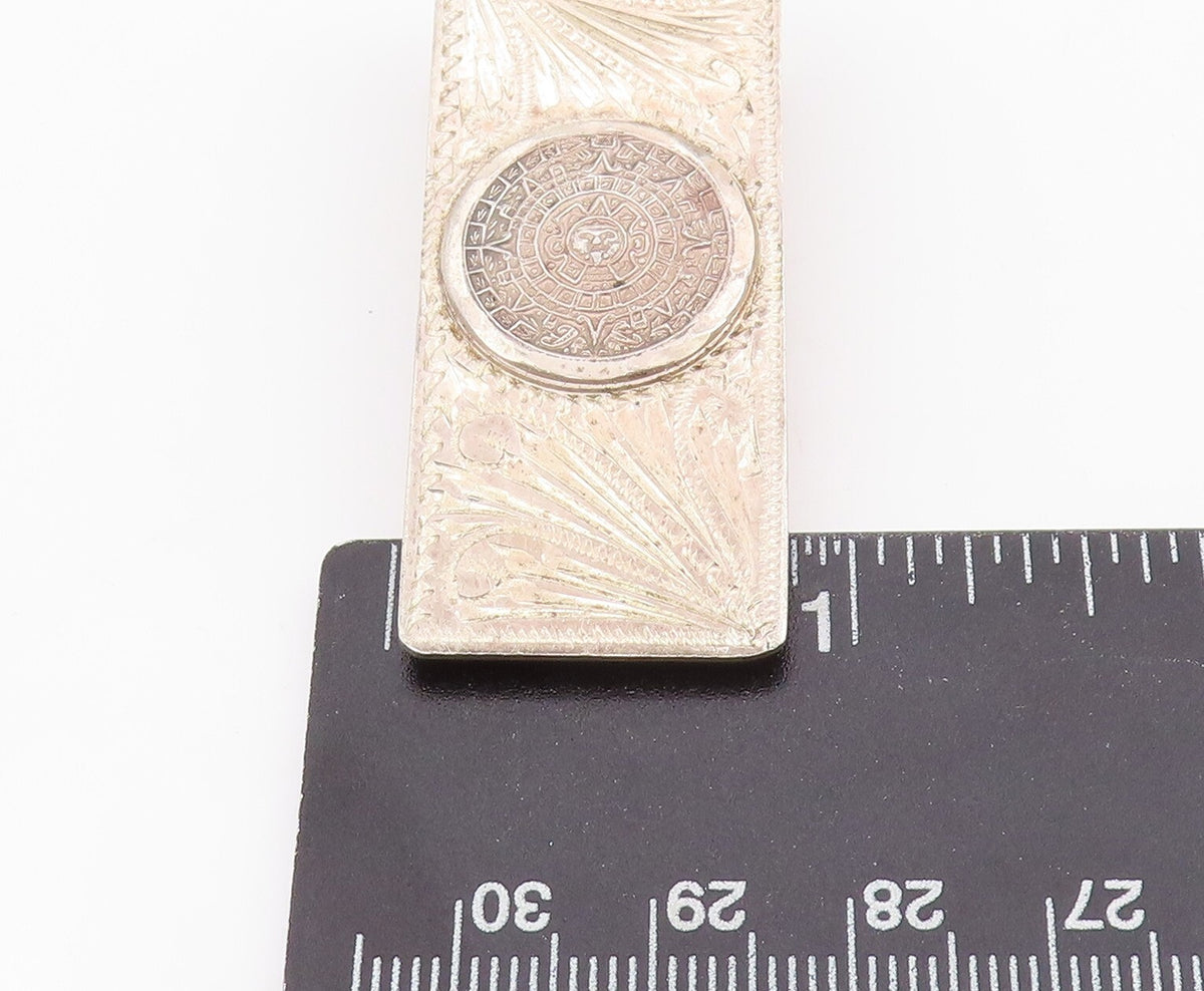 925 Sterling Silver Vintage Money Clip Dark Tone Floral Carved Aztec Sun  TR3869