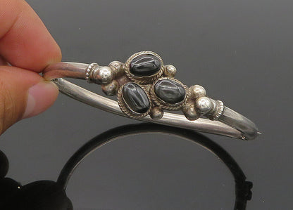 925 Sterling Silver  Vintage Cabochon Cut Black Onyx Bangle Bracelet  BT8386