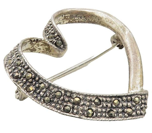 925 Sterling Silver  Vintage Marcasite Open Love Heart Brooch Pin  BP3597