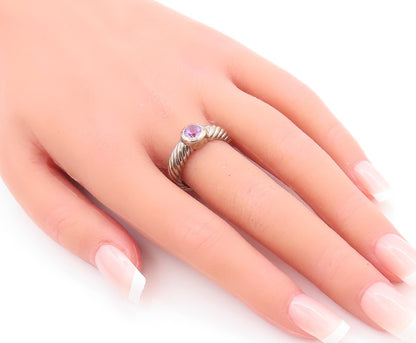 925 Sterling Silver Vintage Ring Grooved Band Round Amethyst Inlay Sz 8  RG29535