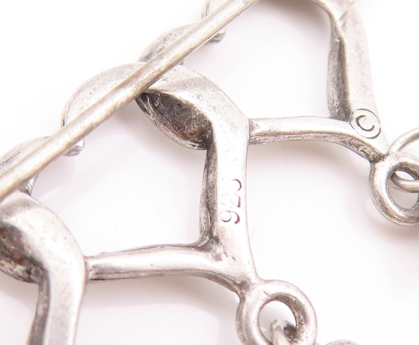 925 Sterling Silver Vintage Brooch Pin Cutout Hearts With Dangling Beads BP11104