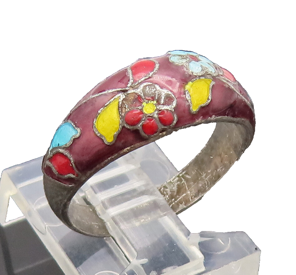 CHINESE 925 Silver  Vintage Antique Painted Flower Solid Ring Sz 6.5  RG27274