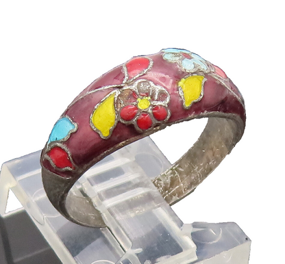 CHINESE 925 Silver  Vintage Antique Painted Flower Solid Ring Sz 6.5  RG27274