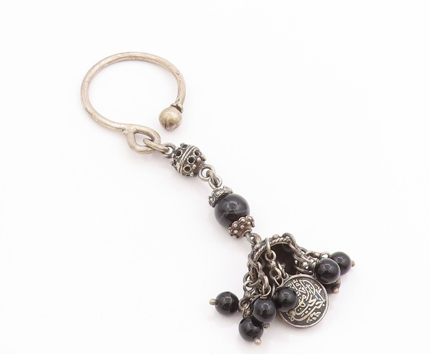 925 Sterling Silver Vintage Key Chain Ethnic Bohemian Black Beaded Design TR3975