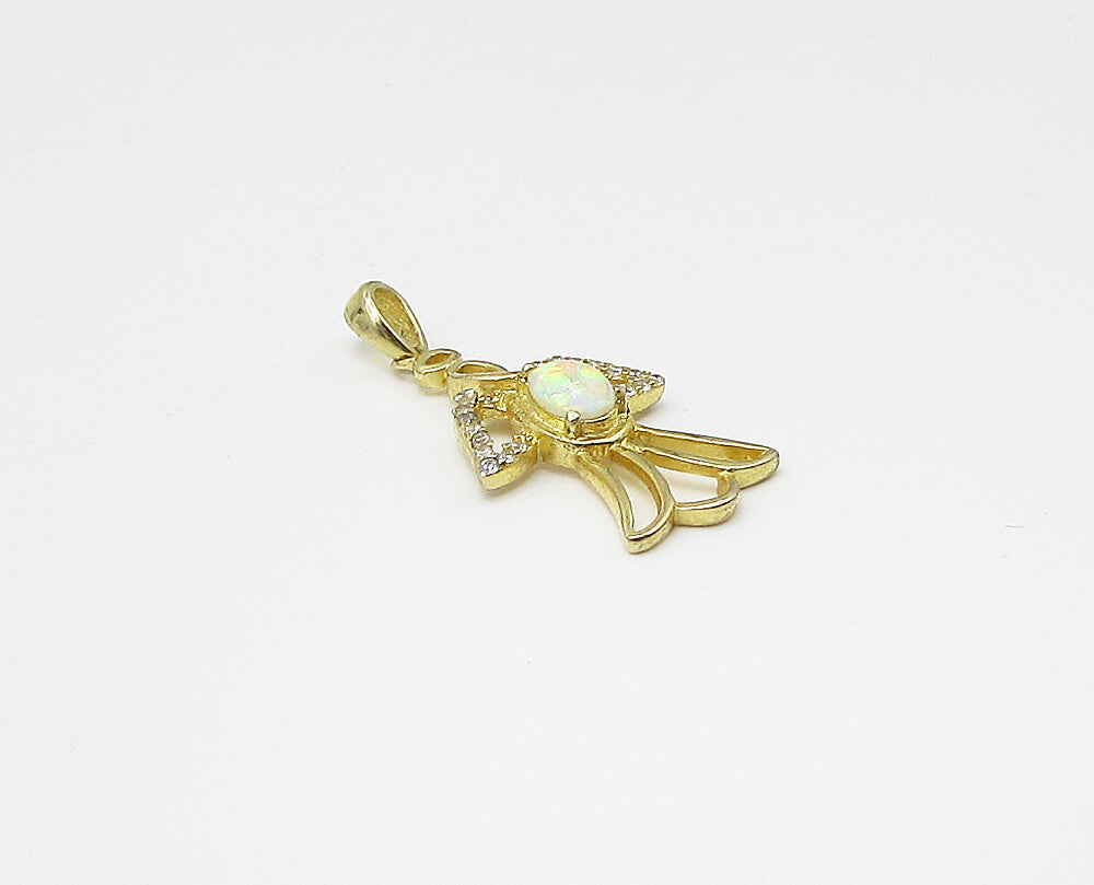 Gold Over 925 Silver  Fire Opal & Cubic Zirconia Angel Drop Pendant  PT2135