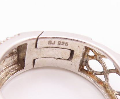925 Sterling Silver Vintage Earrings Cutout Solid Diamonds Inlay Hoops  EG13066