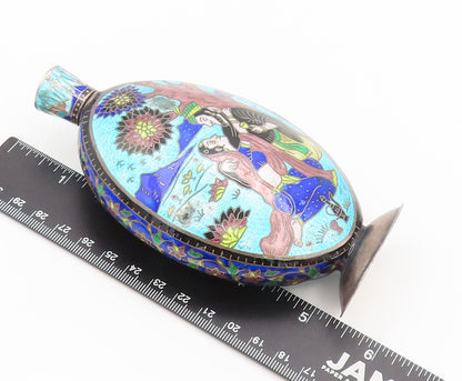 Solid Silver Vintage Enamel Painted Royal Lovers in Garden Flask TR3647
