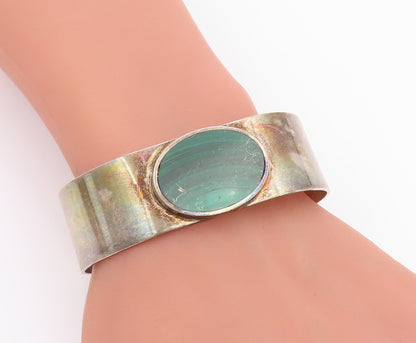 925 Sterling Silver Vintage Bracelet Modernist Cabochon Malachite Cuff  BT11971