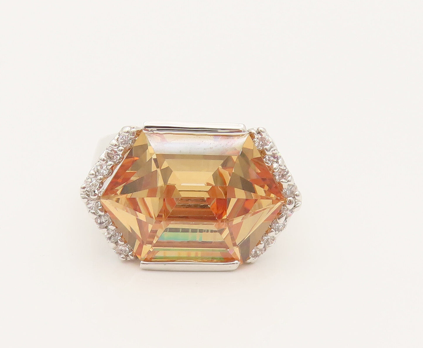 925 Silver  Vintage Hexagon Citrine & Cubic Zirconia Ring Sz 10  RG26344