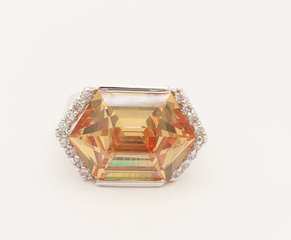 925 Silver  Vintage Hexagon Citrine & Cubic Zirconia Ring Sz 10  RG26344