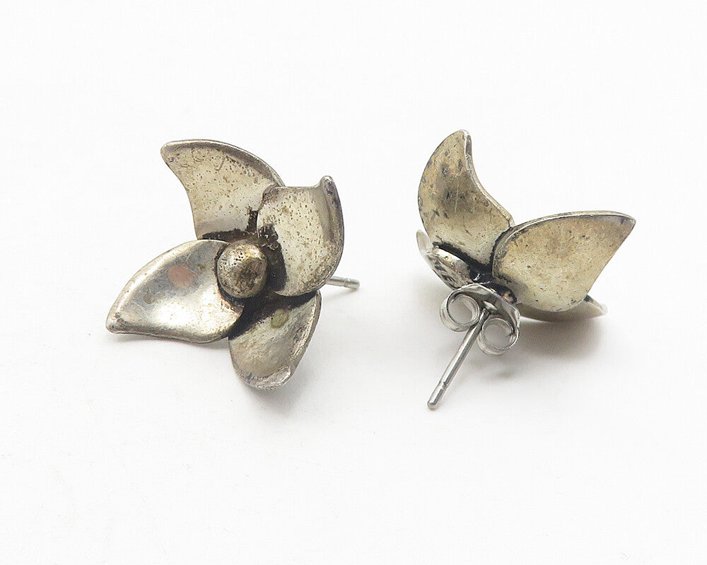 MEXICO 925 Sterling Silver Vintage Dark Tone Flower Motif Drop Earrings EG6264