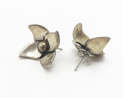 MEXICO 925 Sterling Silver Vintage Dark Tone Flower Motif Drop Earrings EG6264