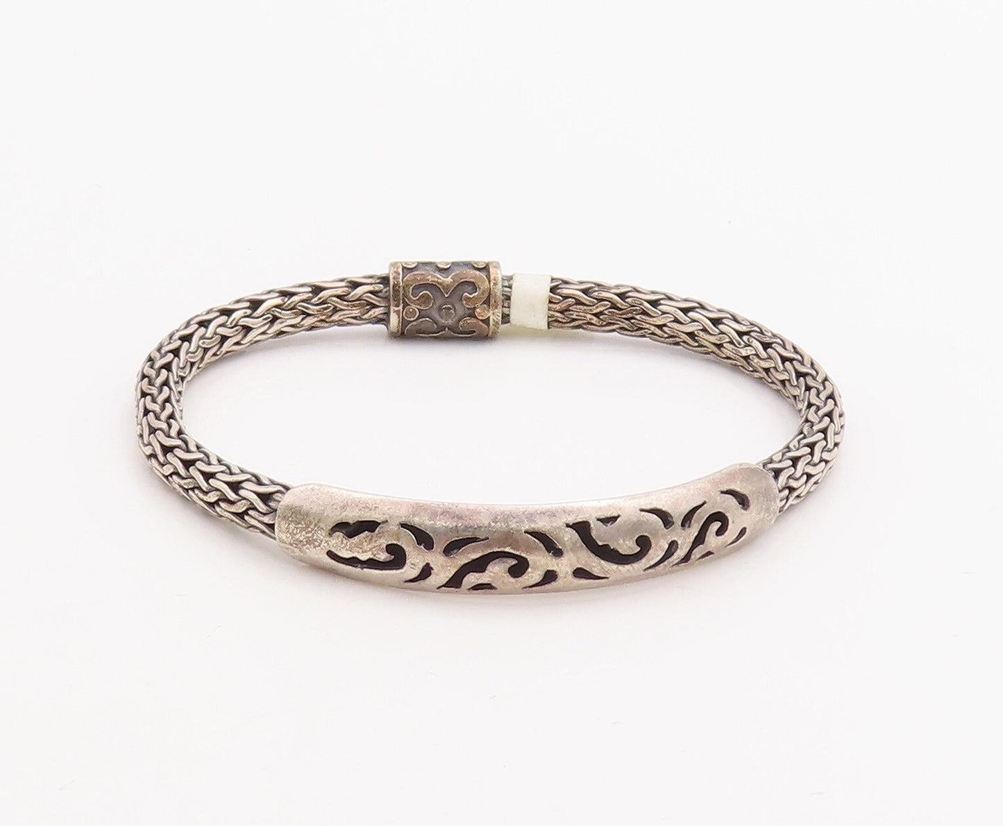 925 Sterling Silver Vintage Bracelet Solid Cutout Designs Breaded Band  BT10678