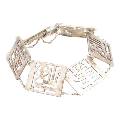 925 Sterling Silver  Vintage Shiny Cutout Square Link Chain Bracelet  BT8974