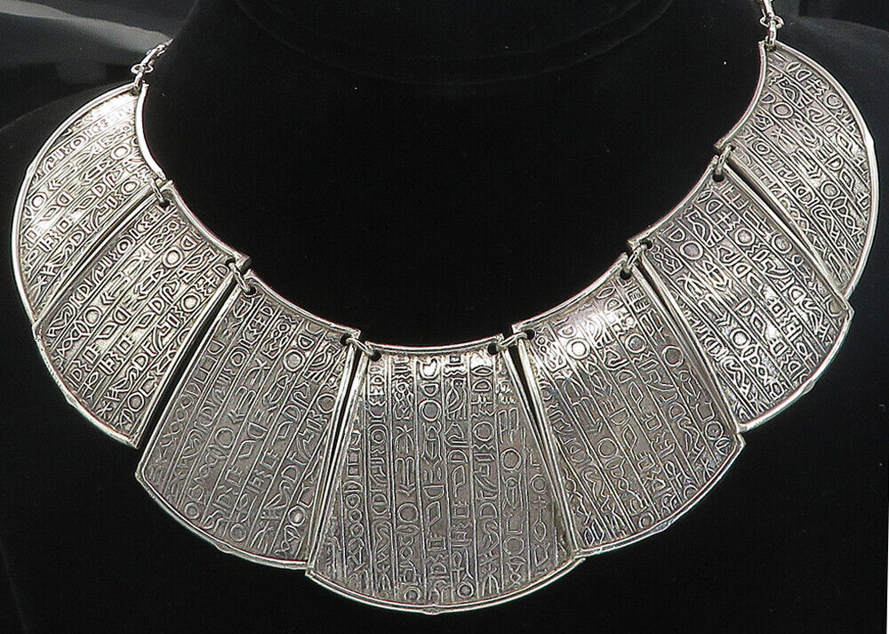 MIDDLE EAST 925 Silver - Vintage Hieroglyphics Pattern Chain Necklace - NE1271