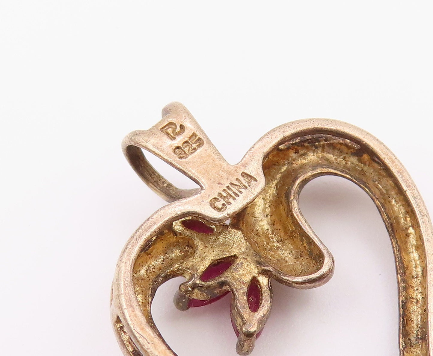 925 Sterling Silver  Vintage Marquise Ruby Two Tone Love Heart Pendant PT20843