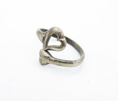 925 Sterling Silver  Vintage Antique Dark Tone Heart Bypass Ring Sz 4  RG5362