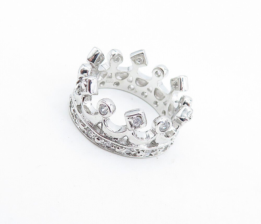 925 Sterling Silver  Topaz Polished Royal Crown Motif Band Ring Sz 6  RG5940