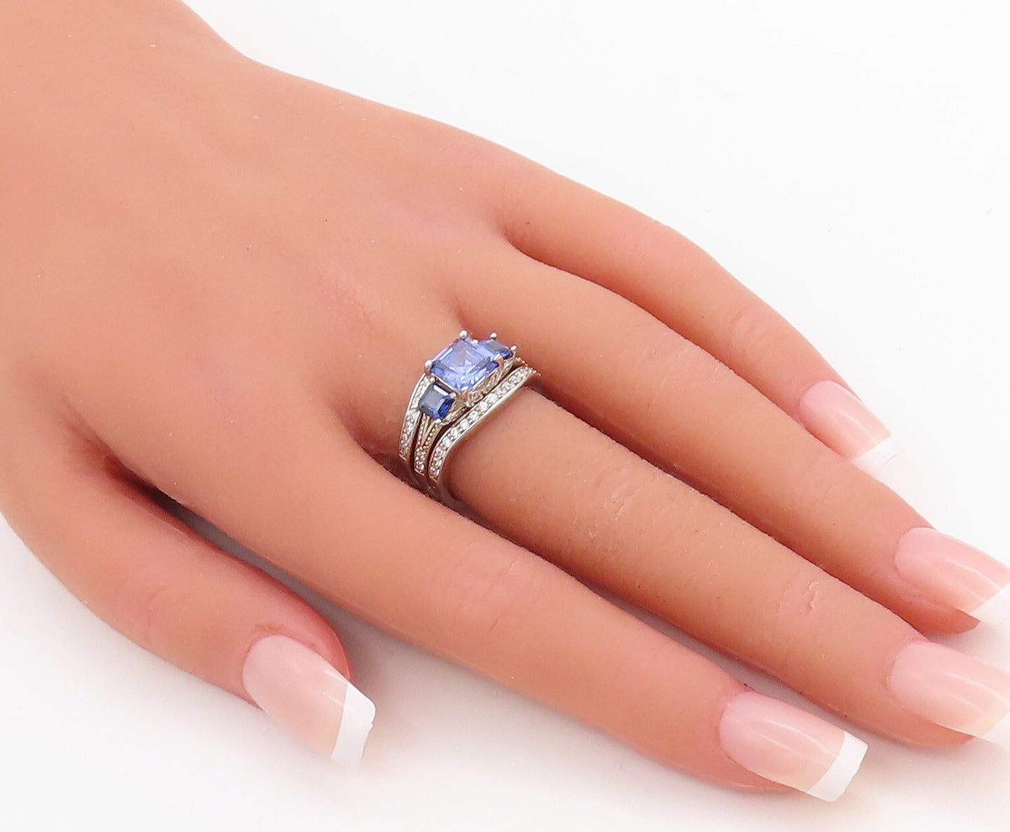 925 Sterling Silver Vintage Ring Stackable Sapphire & CZ Inlay  Sz 7  RG30988