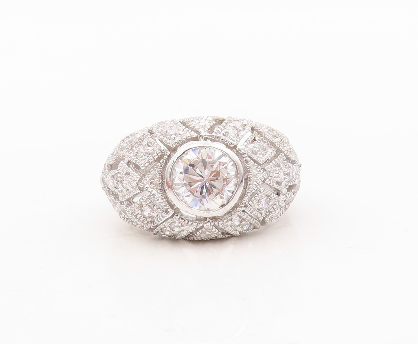 925 Sterling Silver Vintage Ring Designer Carved CZ Inlay Dome  Sz 7  RG30442