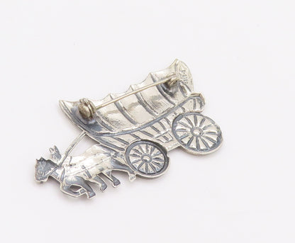 925 Sterling Silver Vintage Brooch Pin Carved Royal War Horse Drawn Cart BP10657