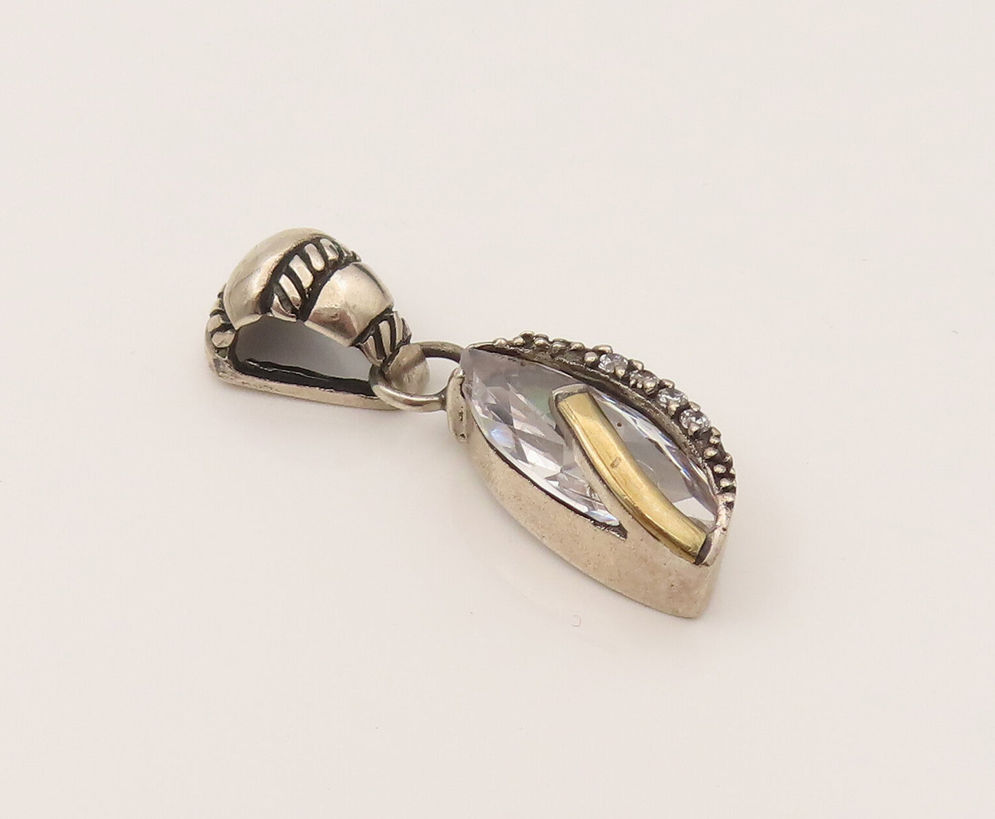 14K GOLD & 925 Silver  Vintage 2 Tone Marquise Cubic Zirconia Pendant  PT21954
