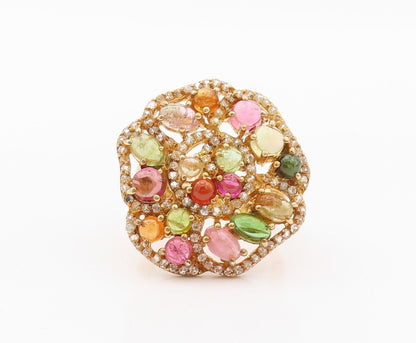 925 Sterling Silver Vintage Ring Gold Plated Cabochon Gemstones  Sz 7  RG29973