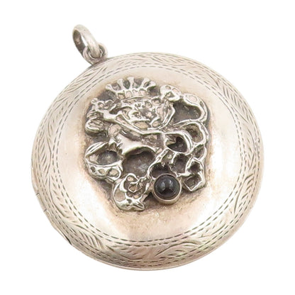 925 Sterling Silver Vintage Pendant Black Onyx Lion Crest Locket OPENS  PT25515