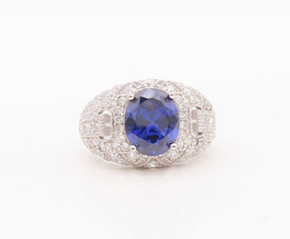 925 Sterling Silver Vintage Ring Carved CZ Inlay Oval Sapphire  Sz 7.5  RG29959