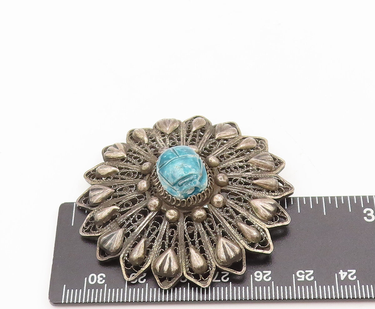 MIDDLE EAST 925 Silver  Vintage Carved Scarab Floral Brooch Pin  BP10307