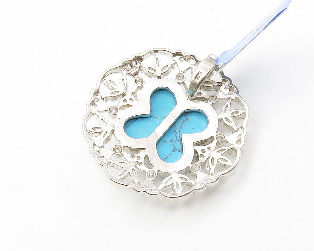 925 Sterling Silver  Vintage Shiny Cubic Zirconia & Turquoise Pendant  PT11053