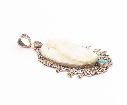 925 Sterling Silver Vintage Pendant Mystic Topaz & Turquoise Carved Cat  PT26200