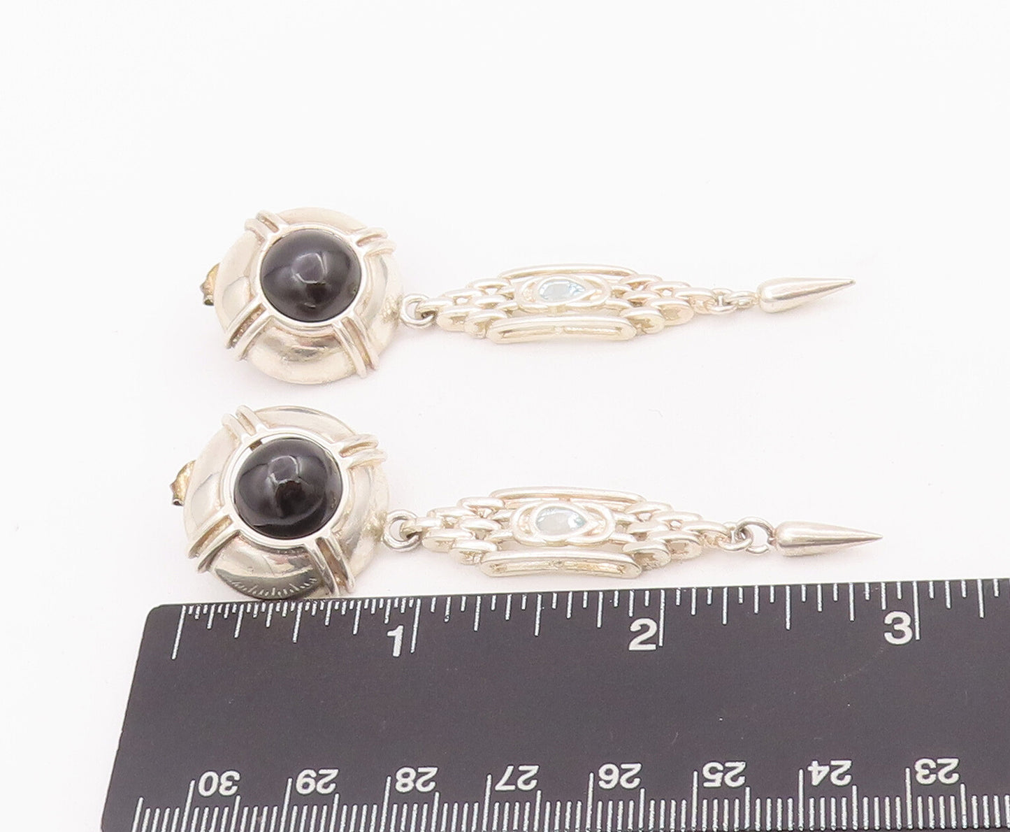 925 Sterling Silver Vintage Earrings Domed Cabochon Onyx & Topaz Dangle  EG12918