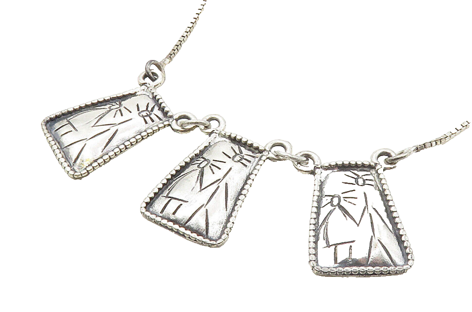925 Sterling Silver  Vintage Etched Stick Figures Shiny Chain Necklace  NE1987