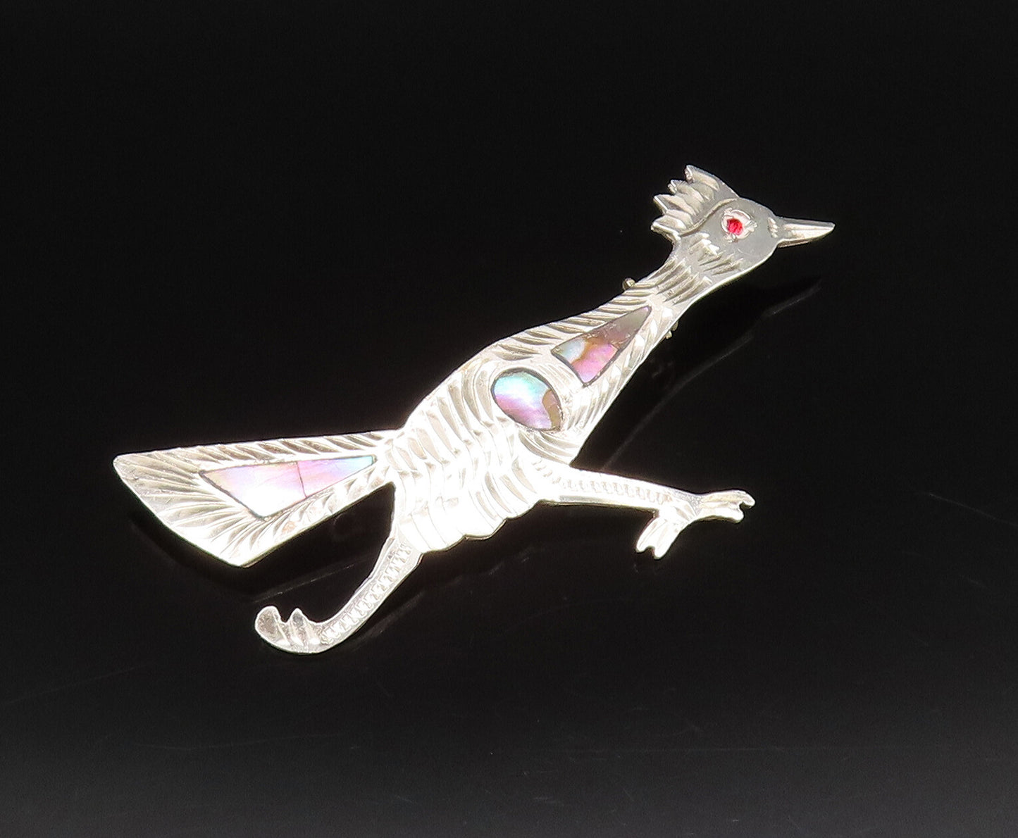 925 Silver  Vintage Etched Abalone Bird With Red Topaz Eye Brooch Pin  BP10062