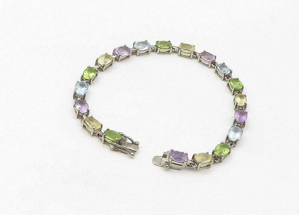 925 Sterling Silver  Vintage Peridot Topaz & Amethyst Chain Bracelet  BT8560