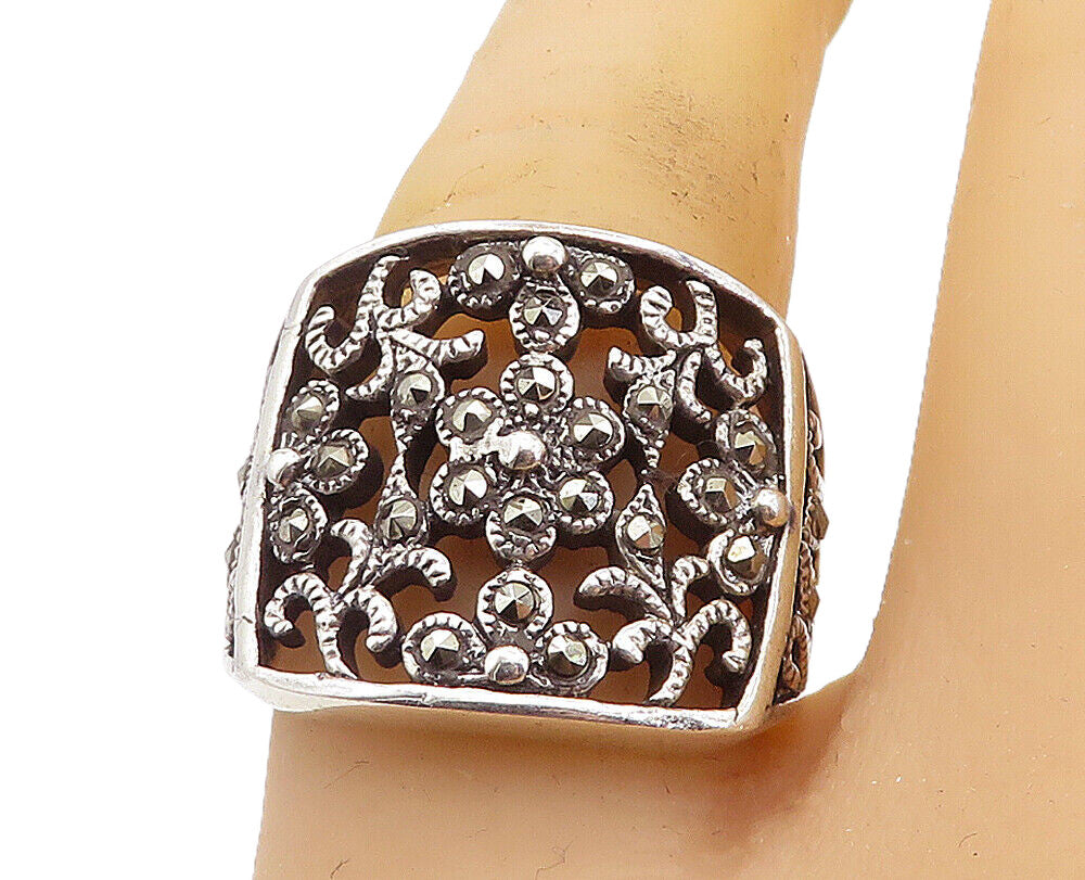 925 Sterling Silver  Marcasite Open Floral Vine Cocktail Ring Sz 7.5  RG8485