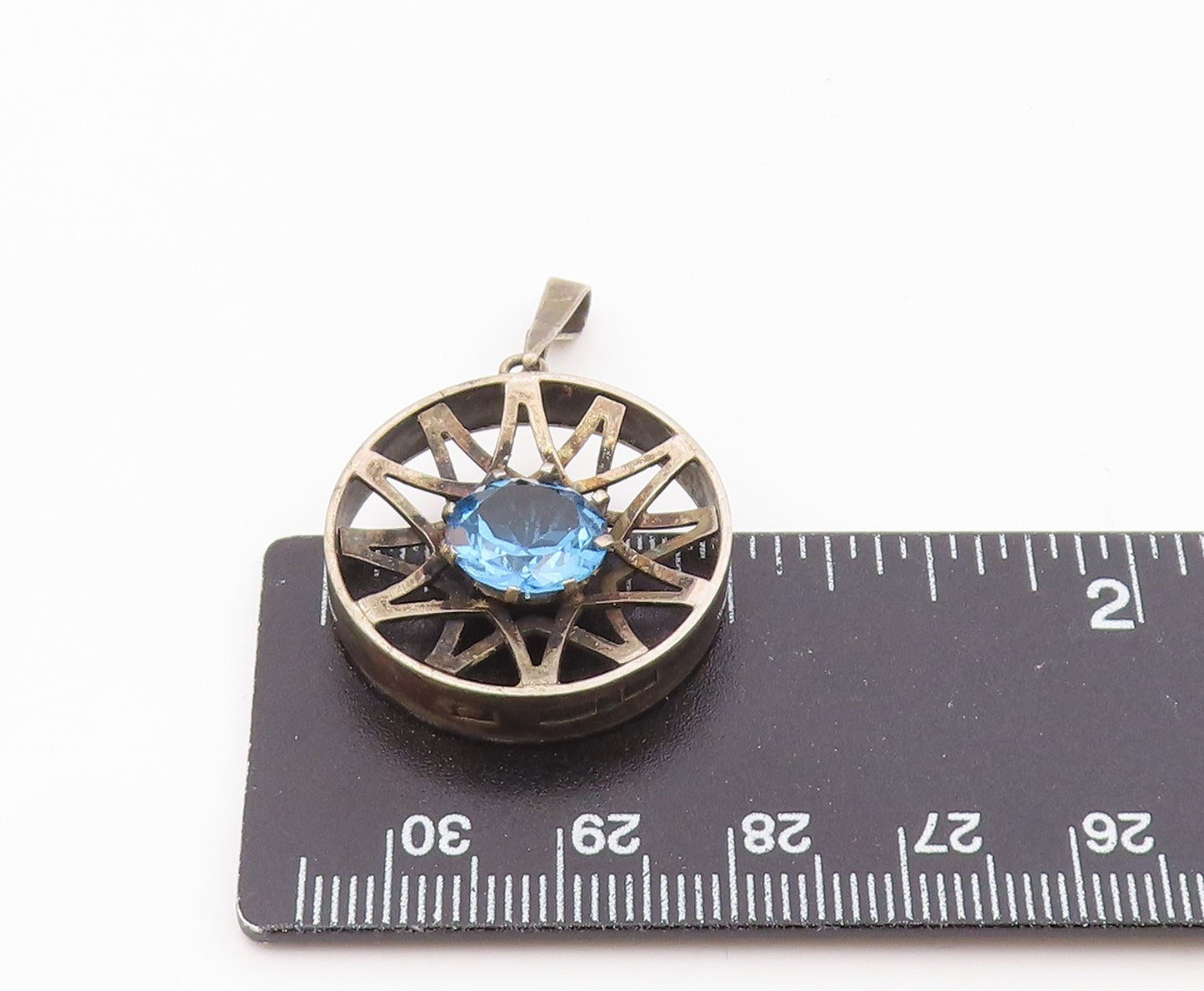 EUROPEAN 925 Sterling Silver  Vintage Blue Topaz Modernist Pendant  PT18783