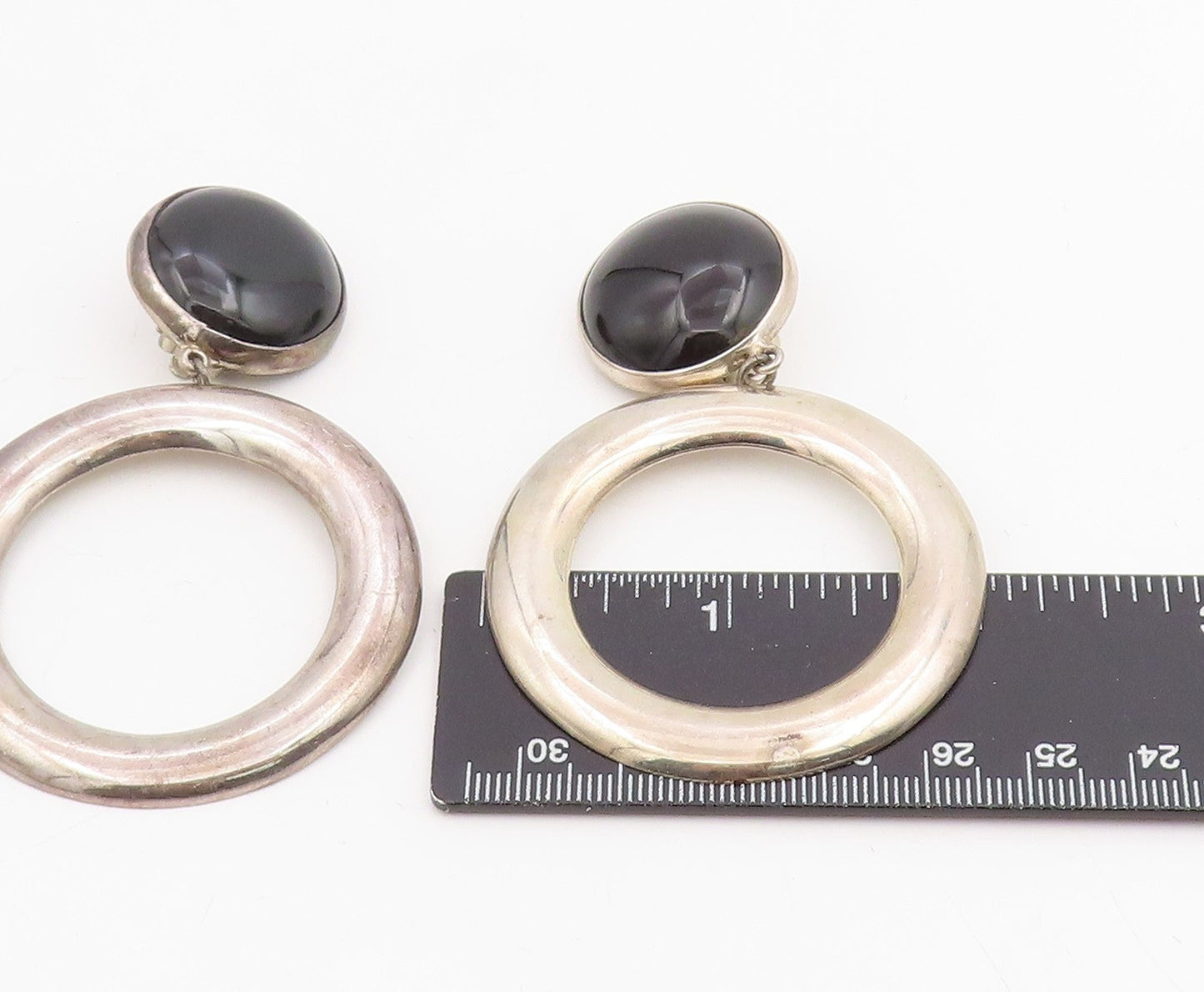 925 Sterling Silver Vintage Earrings Cabochon Onyx Large Circle Clip On  EG14078