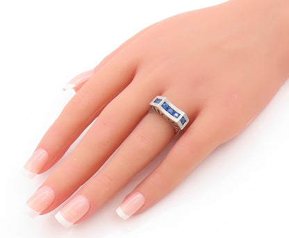 925 Sterling Silver Vintage Ring Round Dark Blue CZ Inlay  Sz 5  RG32787