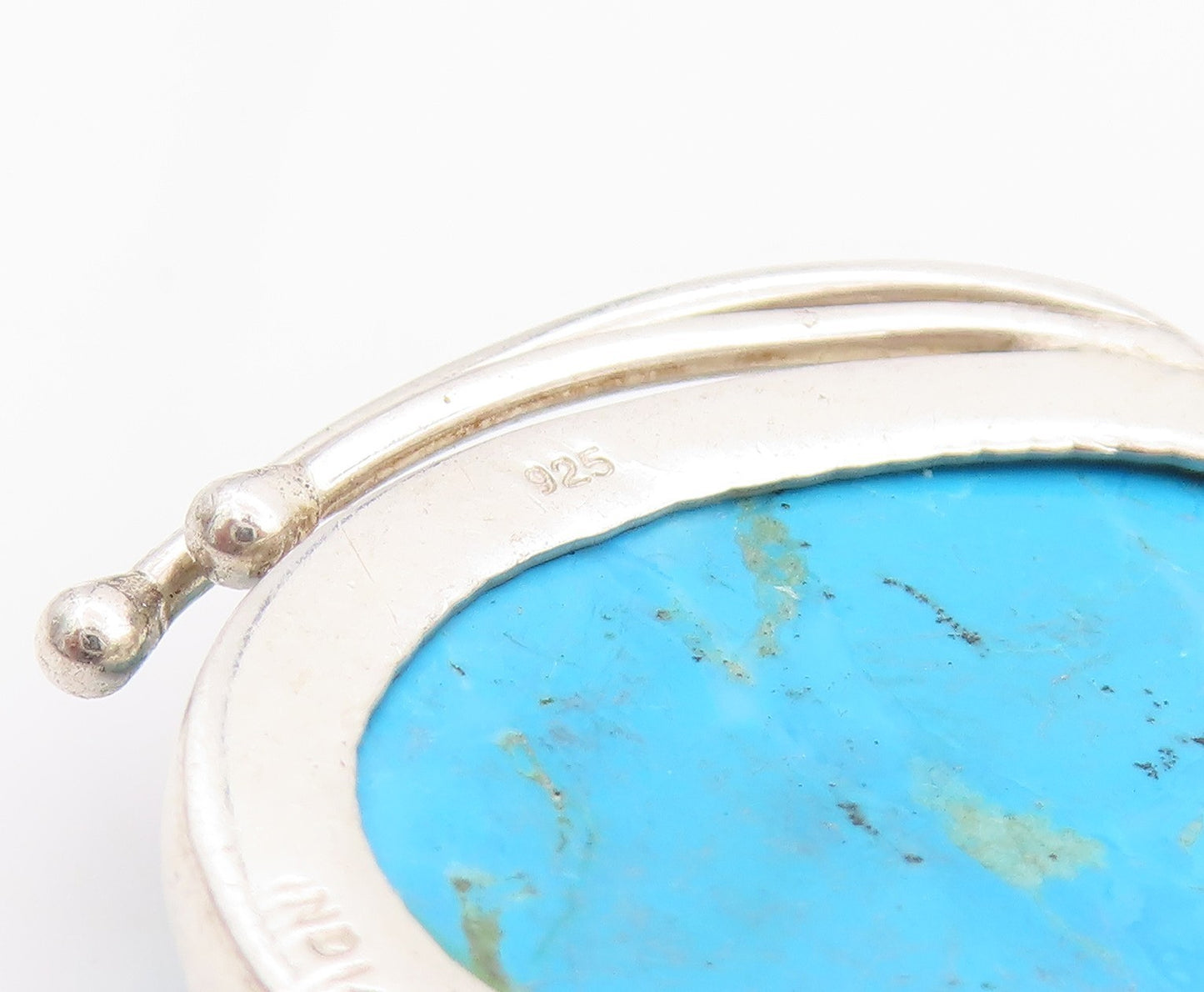 925 Sterling Silver Vintage Pendant Carved Turquoise Flower and Feather  PT24893