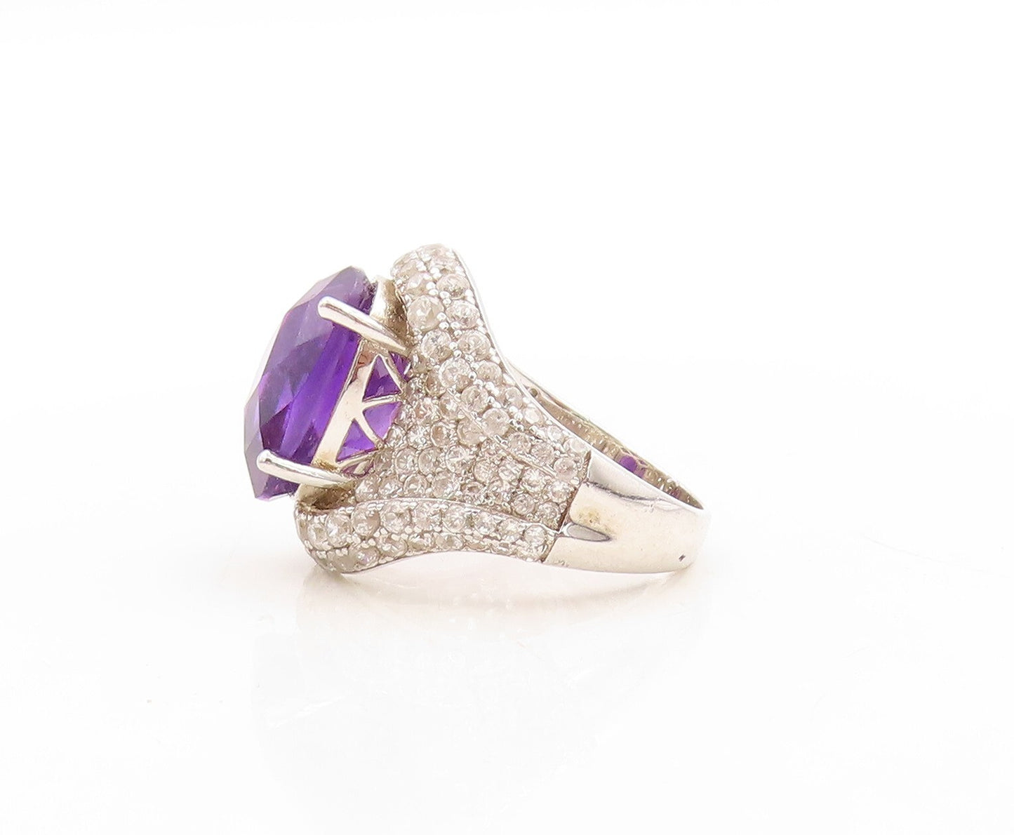 925 Sterling Silver Vintage Ring Designer Oval Amethyst & Topaz  Sz  7  RG31575