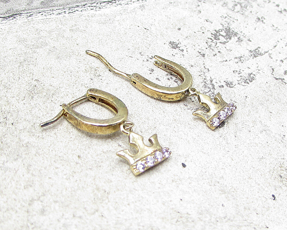 Gold Over 925 Silver  Pink Cubic Zirconia Royal Crown Huggie Earrings  EG1079