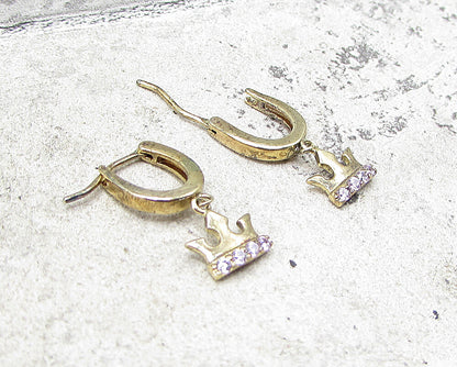 Gold Over 925 Silver  Pink Cubic Zirconia Royal Crown Huggie Earrings  EG1079