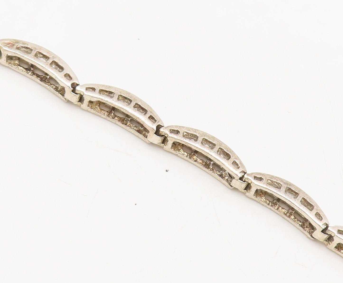 925 Sterling Silver Vintage Bracelet Carved Domed Inlay CZ Row Band Link BT10245