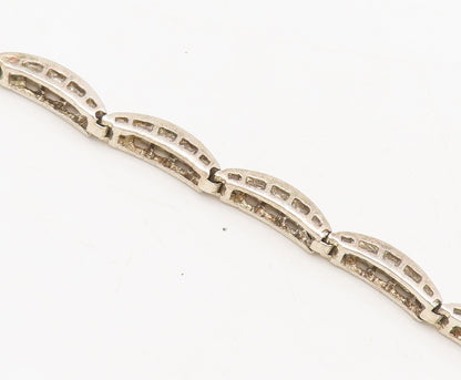 925 Sterling Silver Vintage Bracelet Carved Domed Inlay CZ Row Band Link BT10245