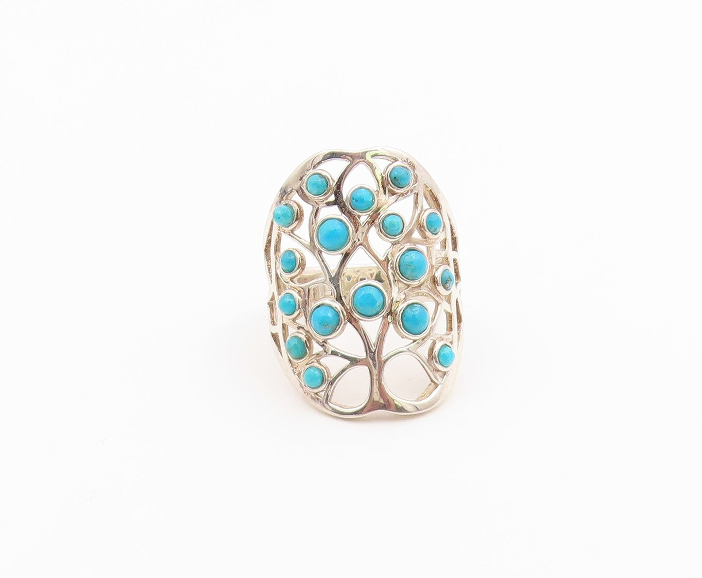 925 Sterling Silver Vintage Ring Round Turquoise Openwork Band  Sz 8.5  RG36449