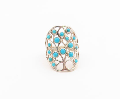 925 Sterling Silver Vintage Ring Round Turquoise Openwork Band  Sz 8.5  RG36449