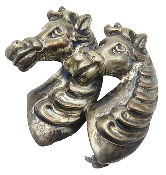 925 Sterling Silver  Vintage Dark Tone Double Horses Head Brooch Pin  BP5432